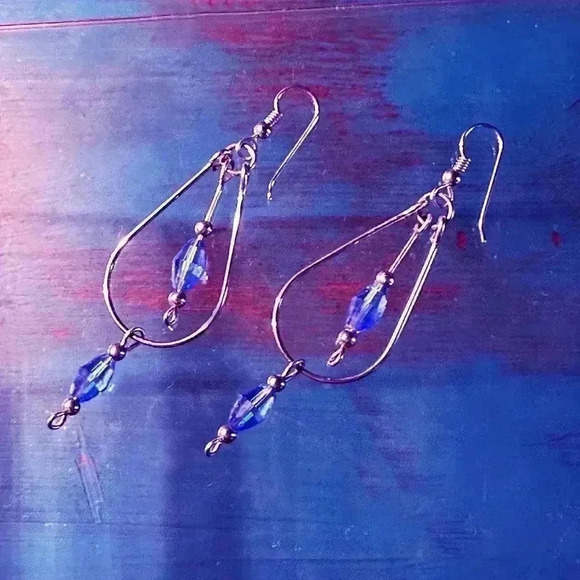 Handmade Sterling Silver with Blue Crystals Dangle Earrings NWOT - Picture 2 of 2